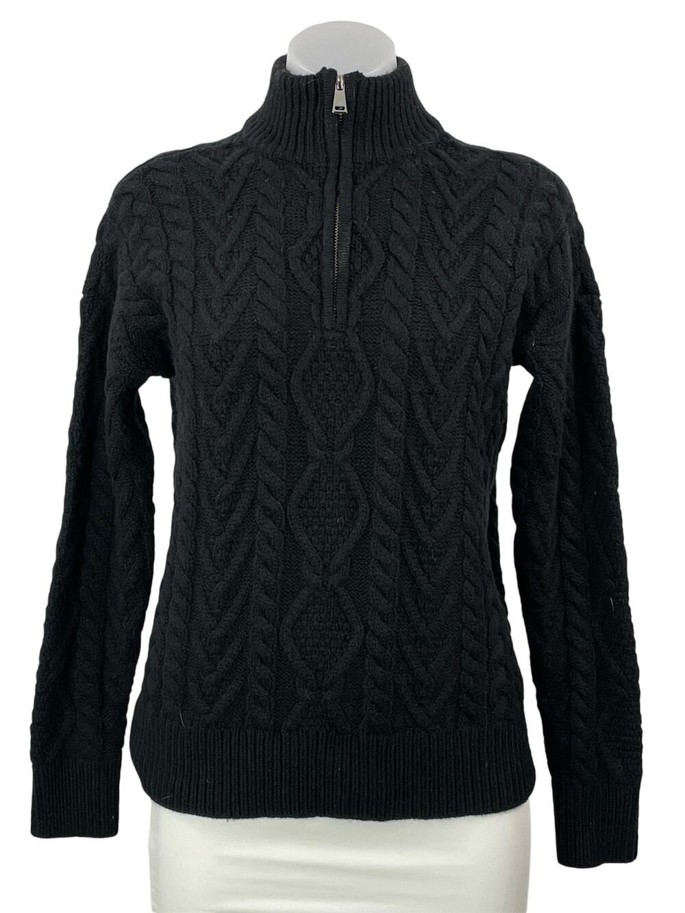 Ralph Lauren Black Cashmere 1/4 Zip Long Sleeves Cable Knit Sweater Top Size SP